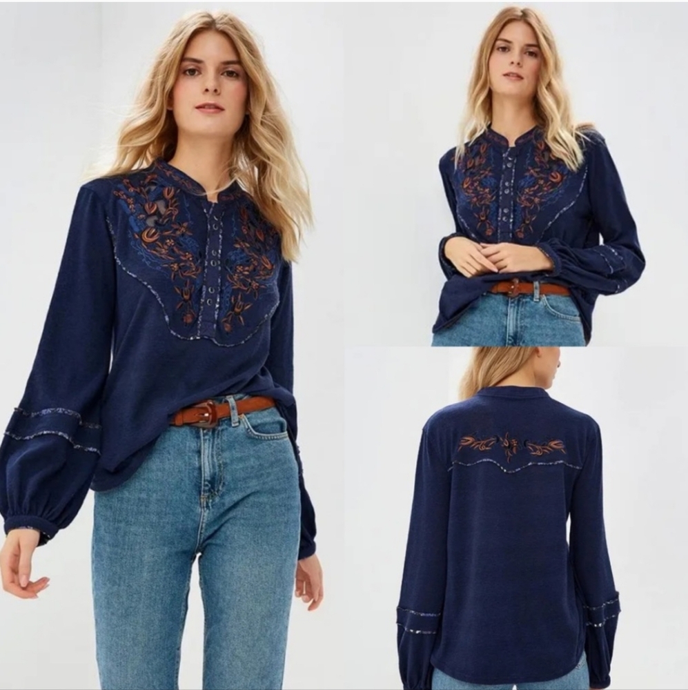 Free People Sundance Kid Embroidered Henley Long Sleeve Blue Rust XS